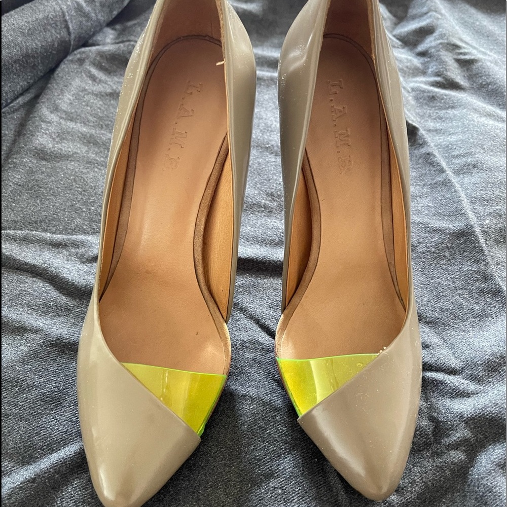 L.A.M.B. nude pumps with clear neon toe